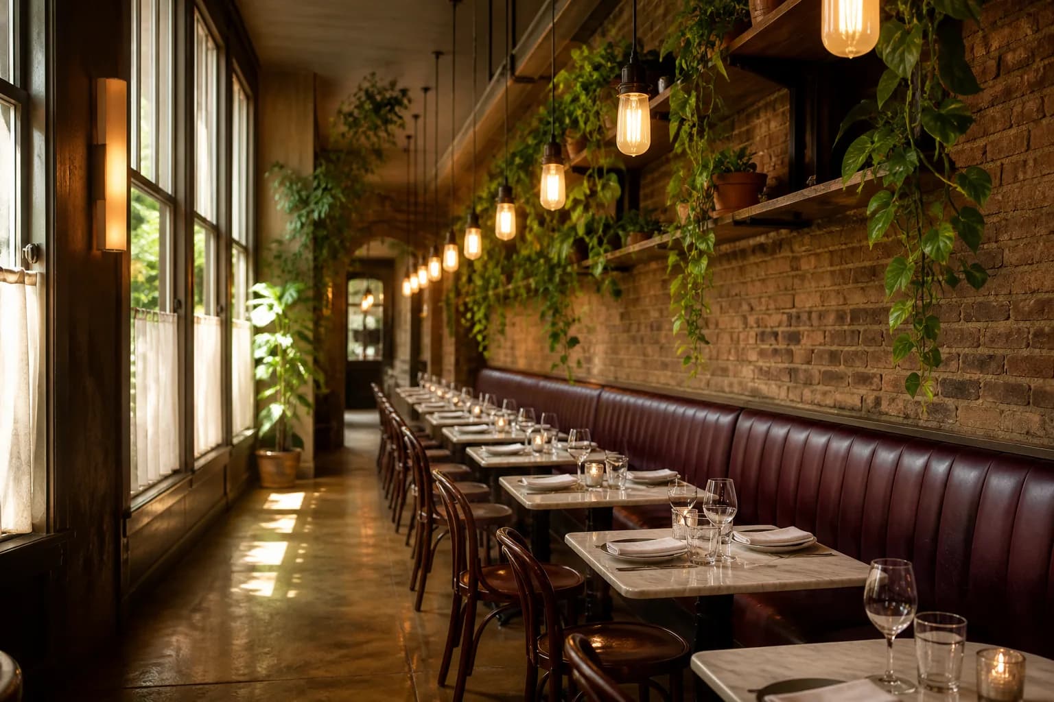 The long banquette dining room at Ava Gene's on SE Division in Portland