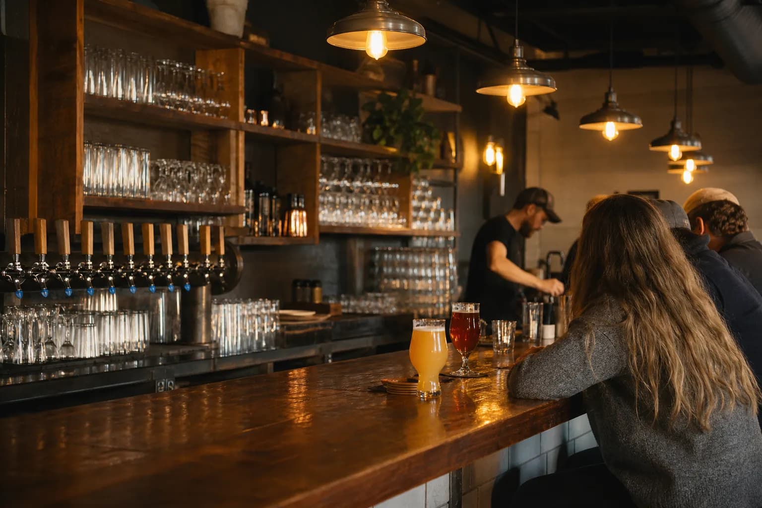 The bar and tap wall at Breakside Brewery in Portland