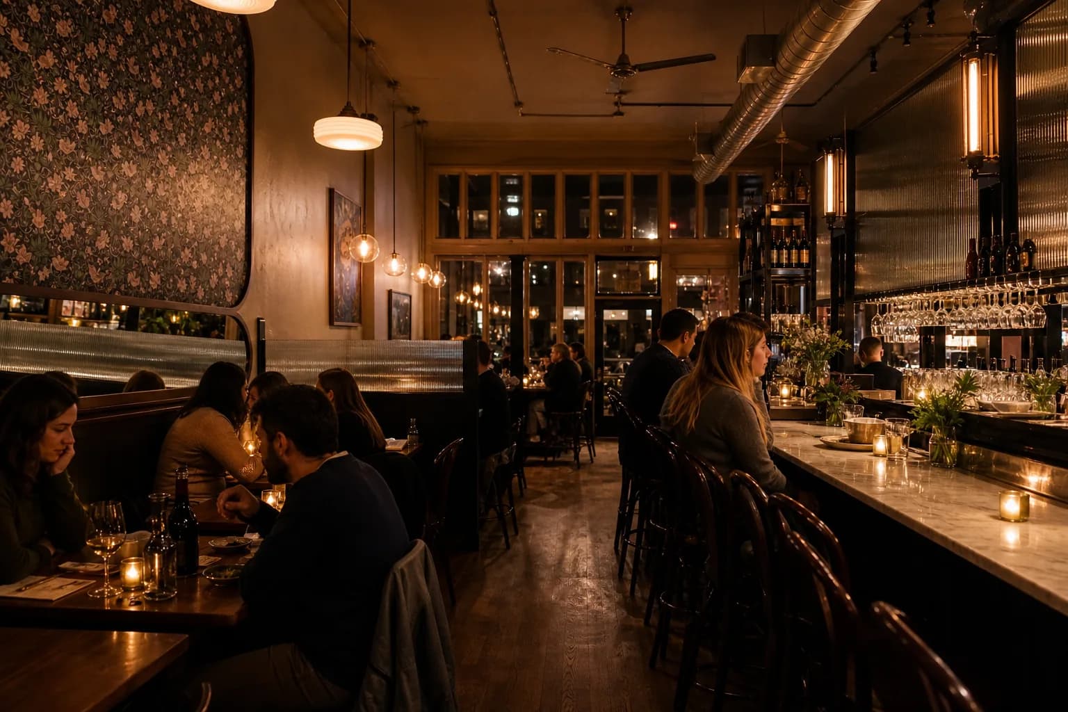 The marble bar and bistro tables inside Canard on E Burnside in Portland