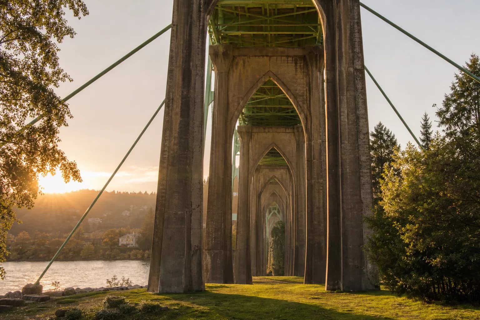 The St. Johns Bridge's gothic arches above Cathedral Park in Portland