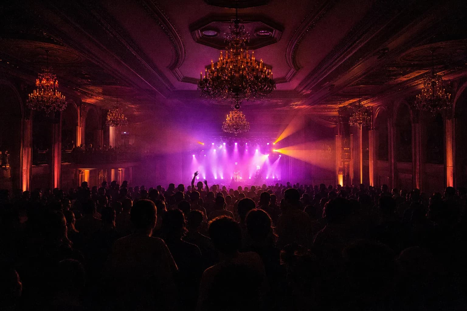 Chandeliers and stage lights over the sprung dance floor at the Crystal Ballroom in Portland