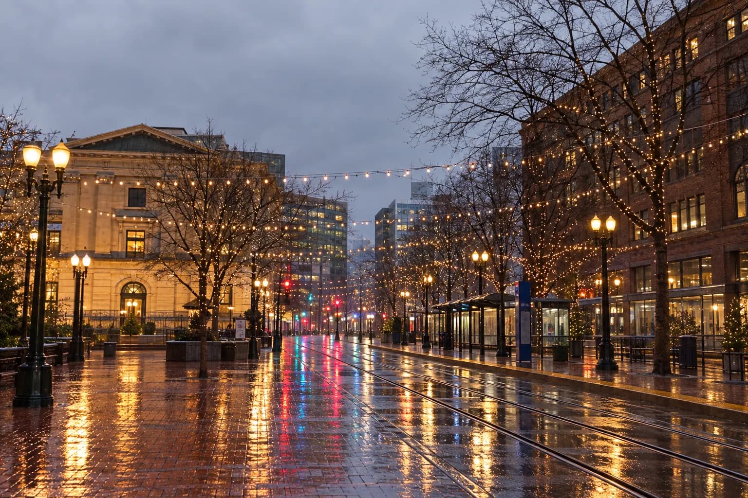 A wet downtown Portland transit street at dusk in December, string lights over bare trees and MAX tracks reflecting streetlights