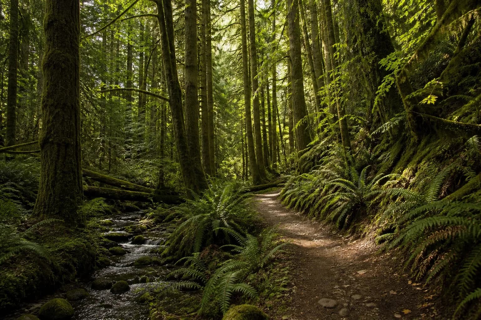 Hiking trail along mossy Balch Creek under Douglas firs in Forest Park, Portland