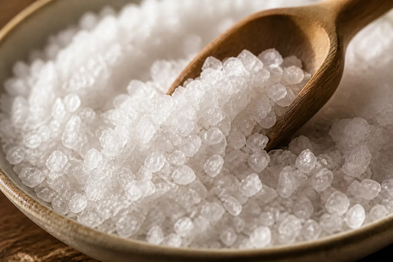 Flaky sea salt crystals in a dish with a wooden scoop, from Jacobsen Salt Co.
