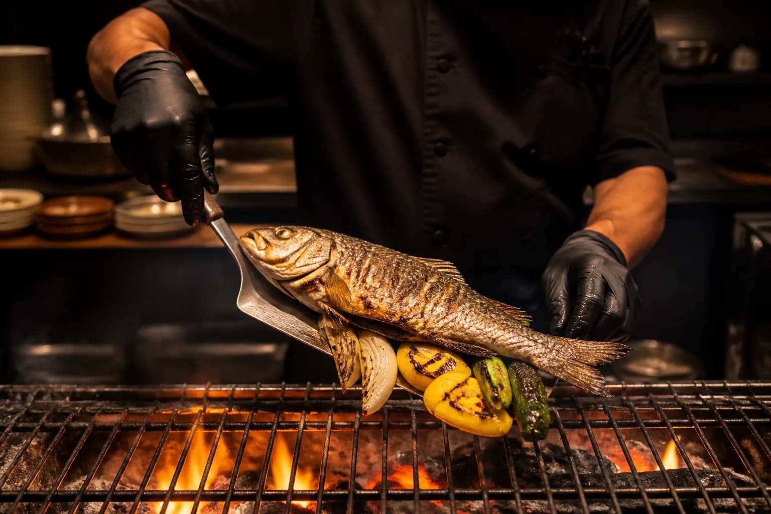 Whole fish and charred vegetables coming off the live-fire grill at Kann in Portland, Oregon