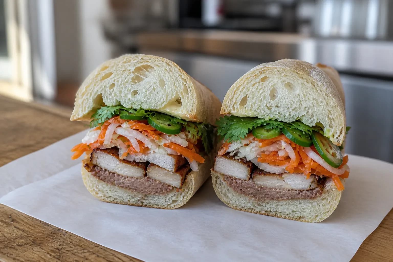 Pork belly banh mi cut in half on butcher paper at Lardo in Portland