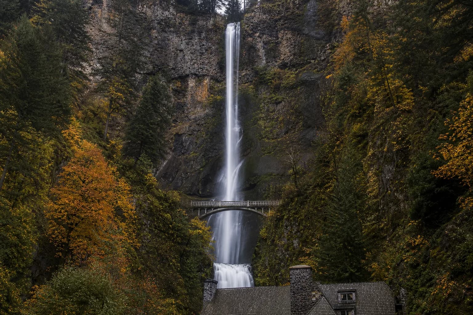 Multnomah Falls and the Benson Footbridge in the Columbia River Gorge near Portland