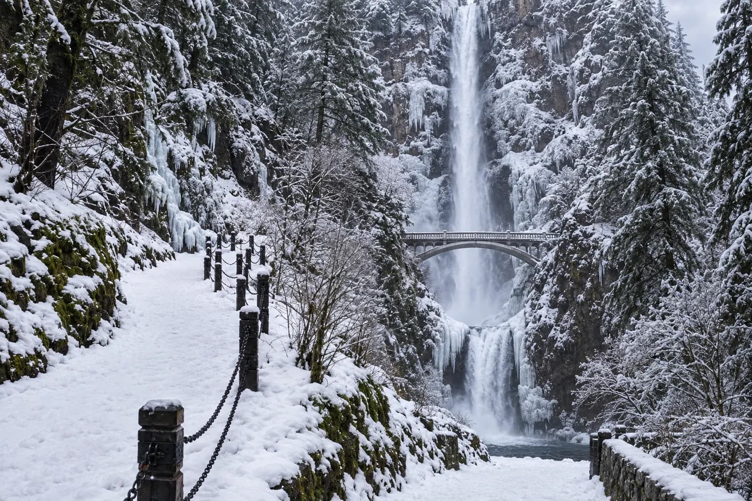 Multnomah Falls in winter with ice on the cliffs and snow on the path and Benson Bridge, the falls still flowing