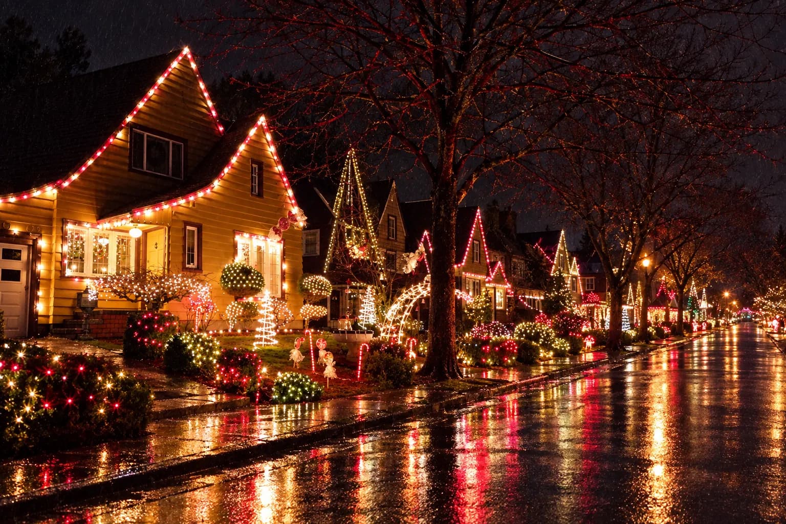 Tudor-style houses on SE Peacock Lane covered in Christmas lights on a rainy December night, the wet street reflecting red and white bulbs