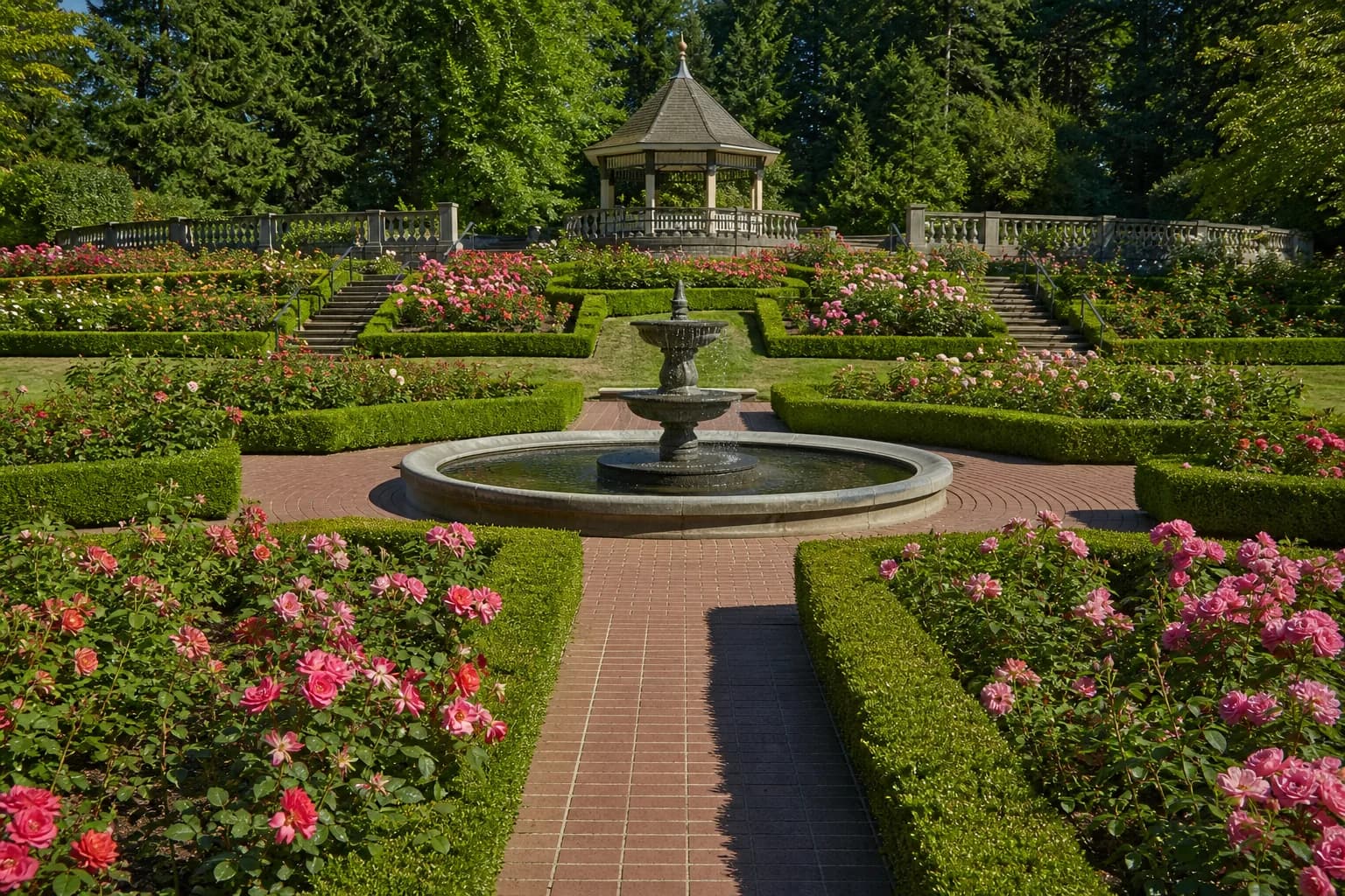 Sunken rose garden and central fountain at Peninsula Park in North Portland