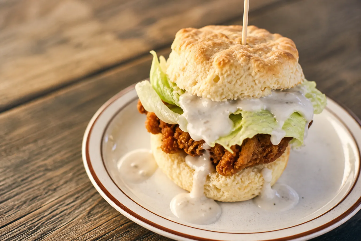 A fried chicken biscuit sandwich with sausage gravy at Pine State Biscuits in Portland