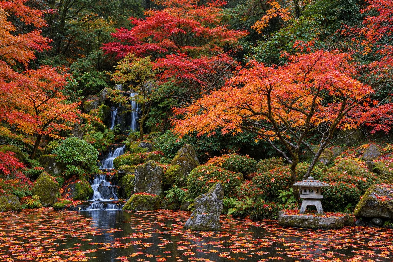 Japanese maples in red and orange above the pond at the Portland Japanese Garden in late October, with fallen leaves floating on the water