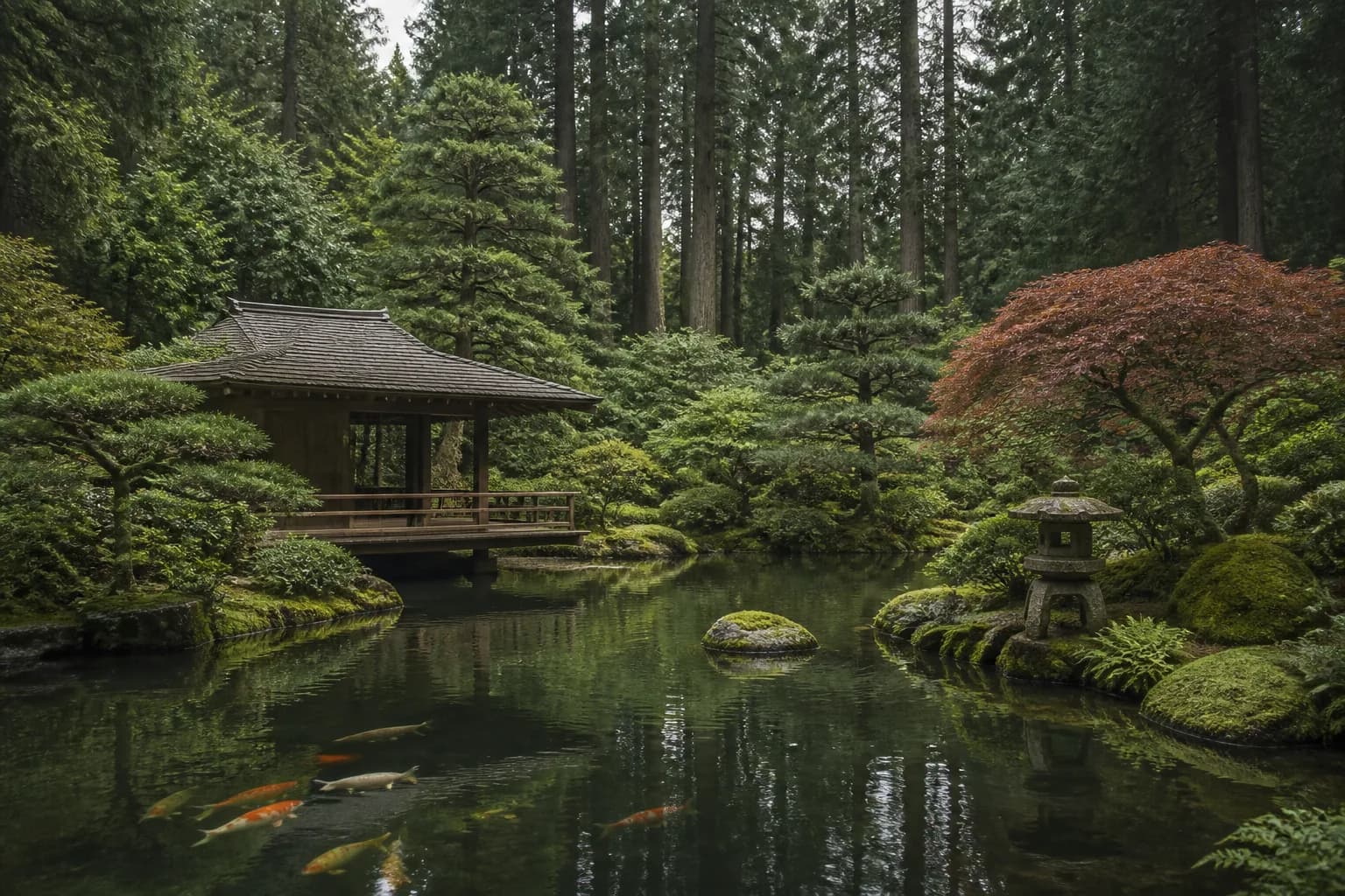 Stone lanterns and a viewing pavilion above the koi pond at the Portland Japanese Garden