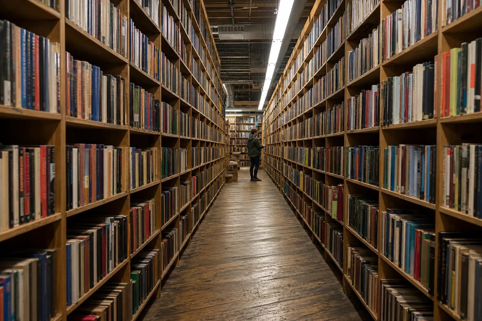 A book-lined aisle inside Powell's City of Books in Portland