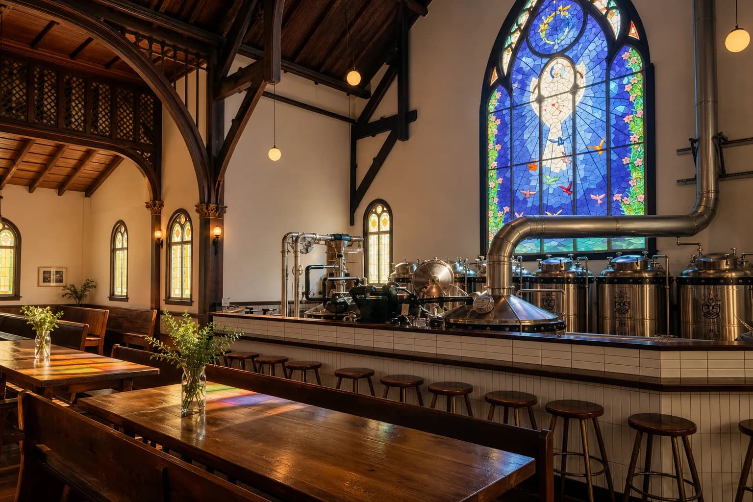 Stained glass and timber trusses over the bar inside Steeplejack Brewing, a converted church in Portland