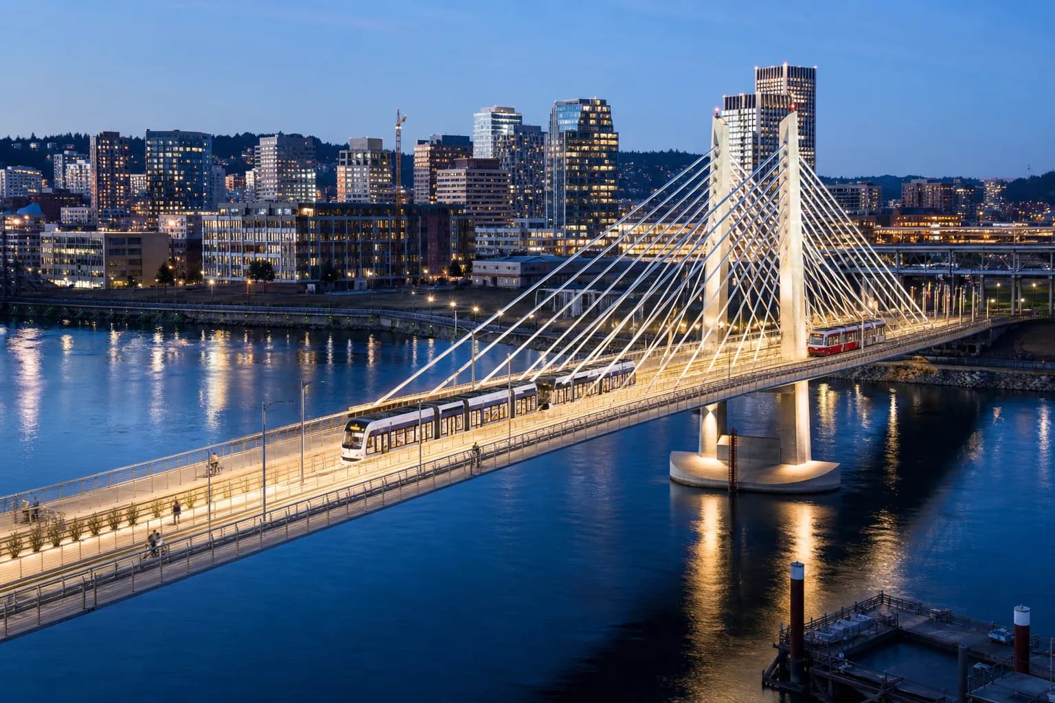 Tilikum Crossing lit at blue hour over the Willamette River, with a train crossing, Portland