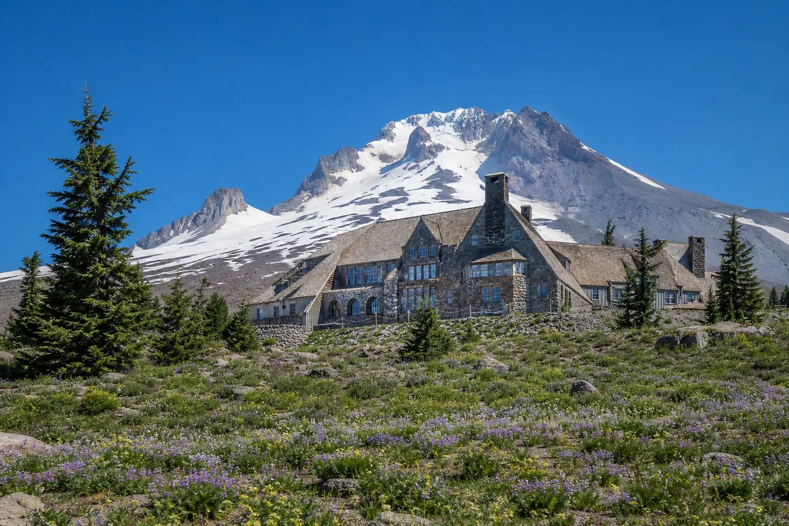 Timberline Lodge exterior with the summit of Mt. Hood behind it, near Portland, Oregon