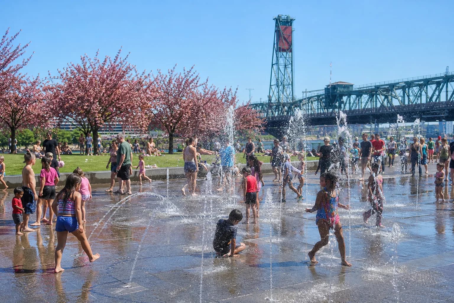 The plaza fountain running at Tom McCall Waterfront Park on the Willamette River in downtown Portland
