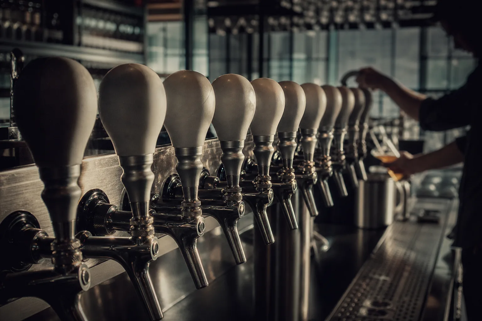 The row of tap handles at the Wayfinder Beer bar in Portland