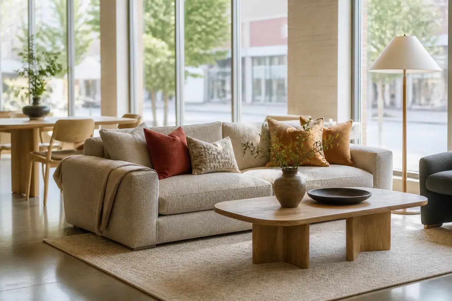 A styled sofa and coffee table vignette in the What's New Furniture showroom in Portland
