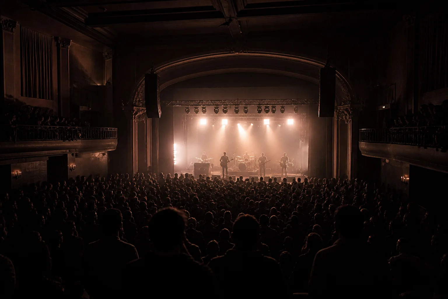 A packed floor facing the lit stage inside the Wonder Ballroom in Portland