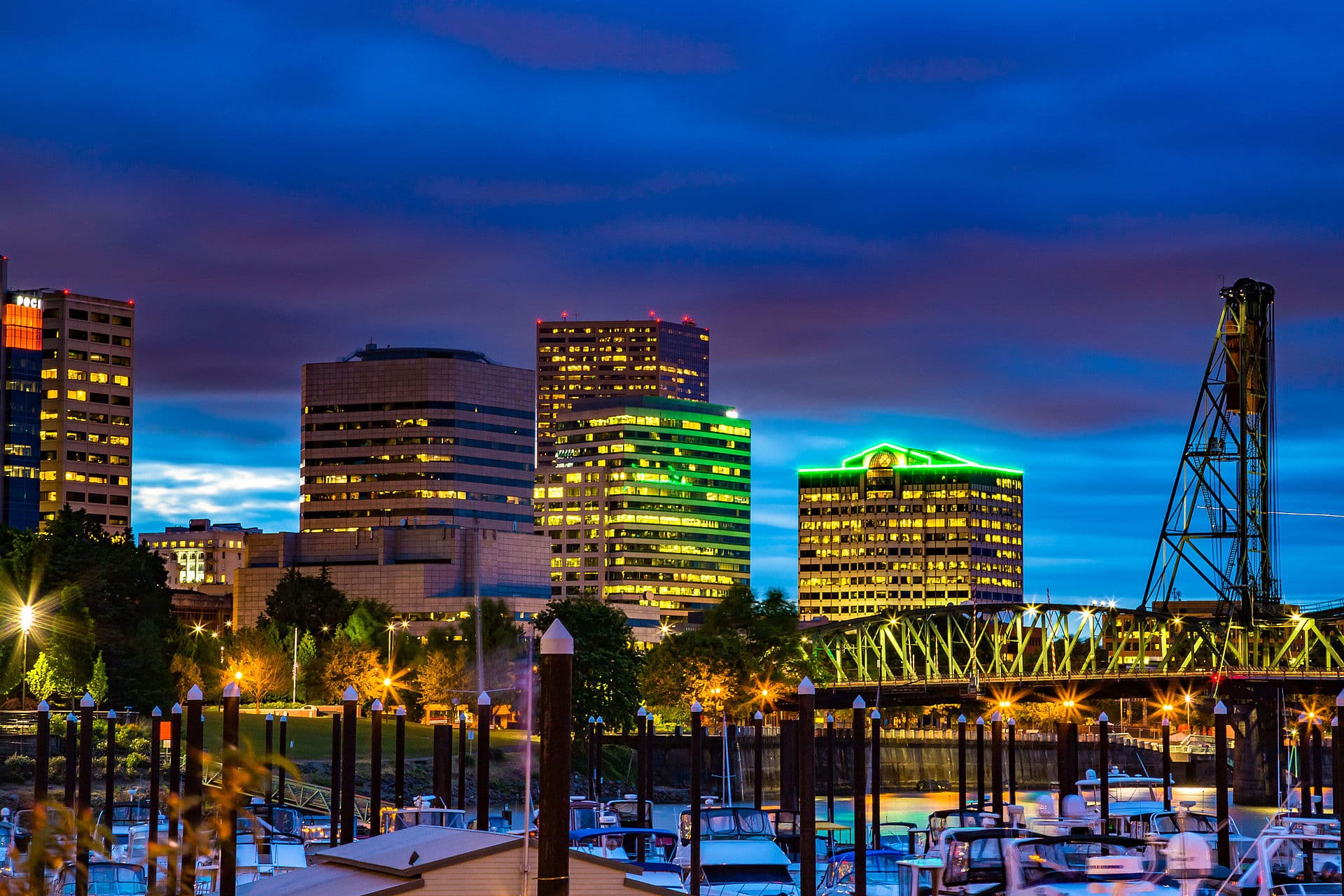 Portland skyline at sunset with the Hawthorne Bridge