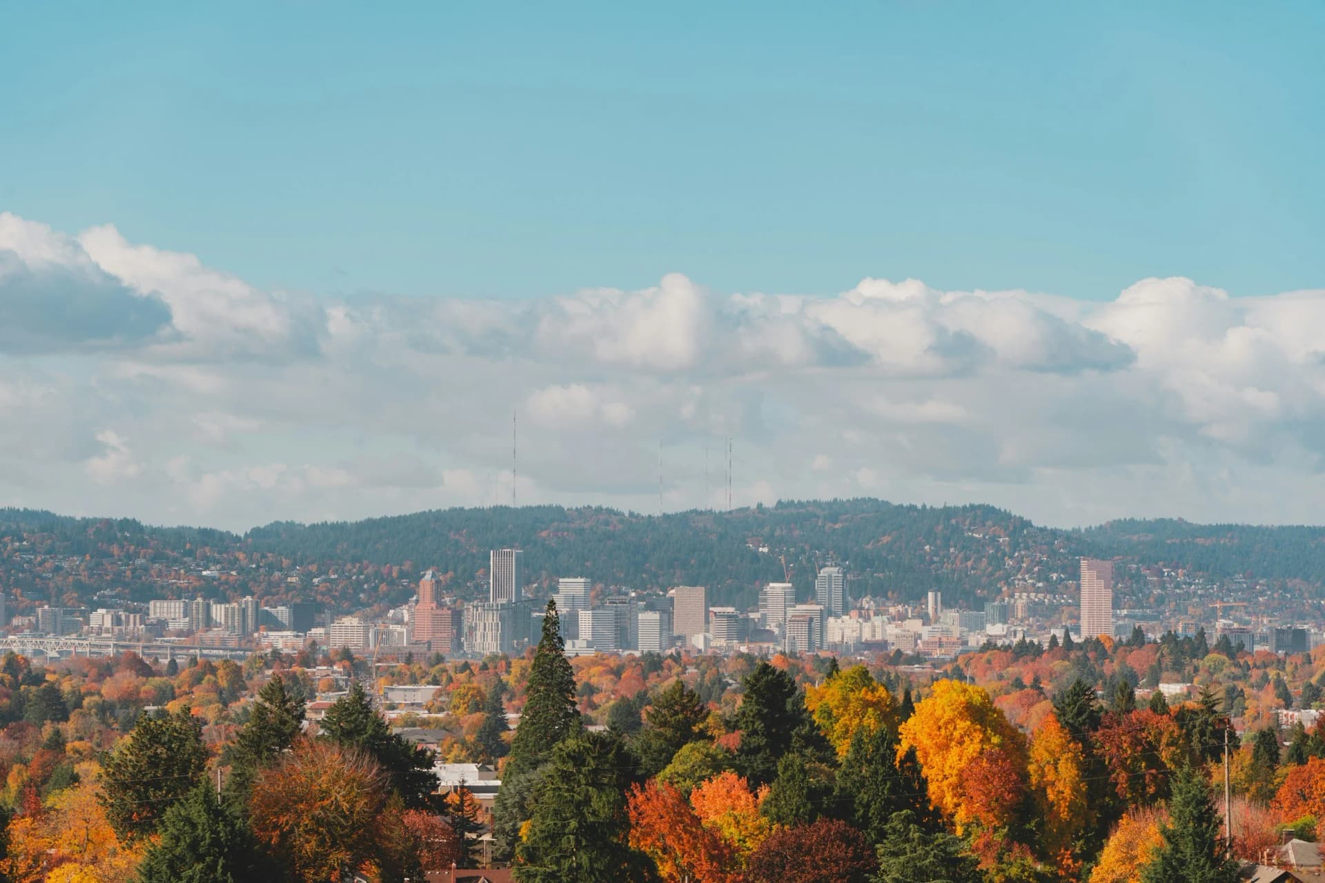 Downtown Portland skyline seen across autumn trees from the east side