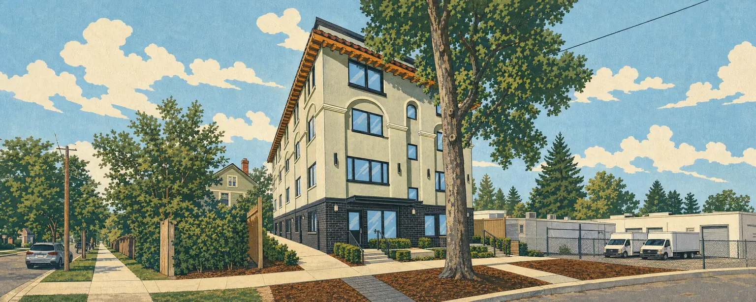 WPA travel-poster illustration of The Adelynn passing from day to night: a four-storey Spanish-style building in pale sage stucco with a clay-tile eave on timber rafters, arched window bays and a black brick ground floor, seen from its corner on NE 23rd under a big street tree, with the street running on past a sage Craftsman house on one side and a low white workshop on the other, its paired wall sconces washing the stucco with warm light after dark