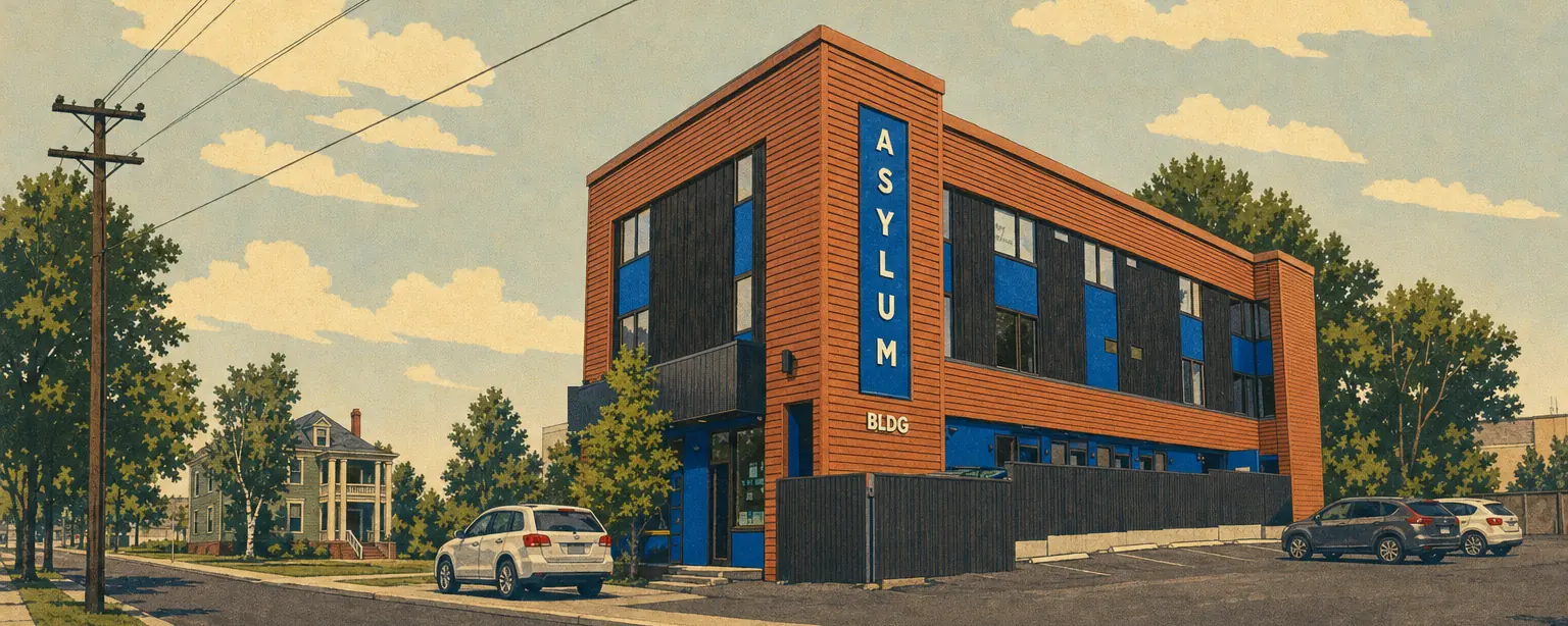 WPA travel-poster illustration of The Asylum passing from day to night: a long three-storey building in copper-rust siding with charred-black timber panels and cobalt window bays, seen at a three-quarter angle across its parking lot on SE 19th with a columned 1900s house up the street, the tall vertical ASYLUM sign on the corner pier glowing blue after dark