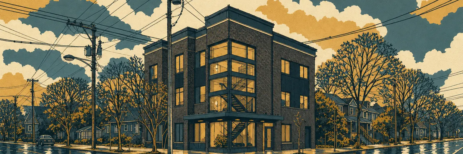 WPA travel-poster illustration of The Basalt passing from day to night: a three-storey dark brick corner building whose windows and cove lighting come alight over a wet Portland street